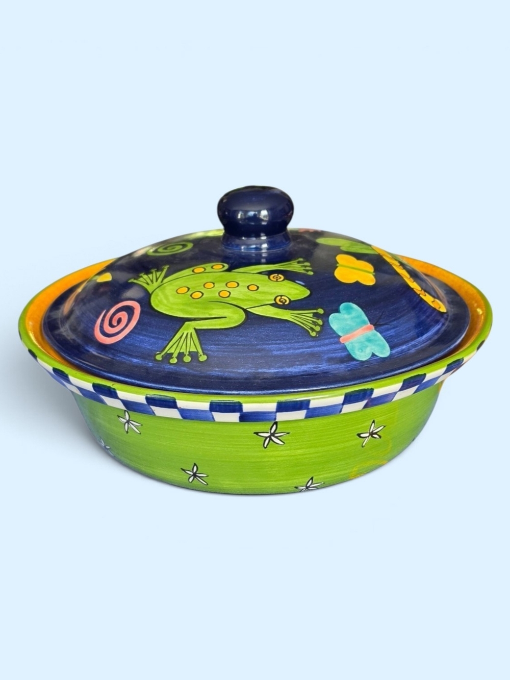 Hand-Painted Ceramic Covered Casserole - Blue & Green